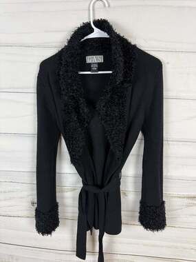 GAS Sweaters Vintage Black Ribbed Knit Cardigan with Faux Fur Collar and Cuffs